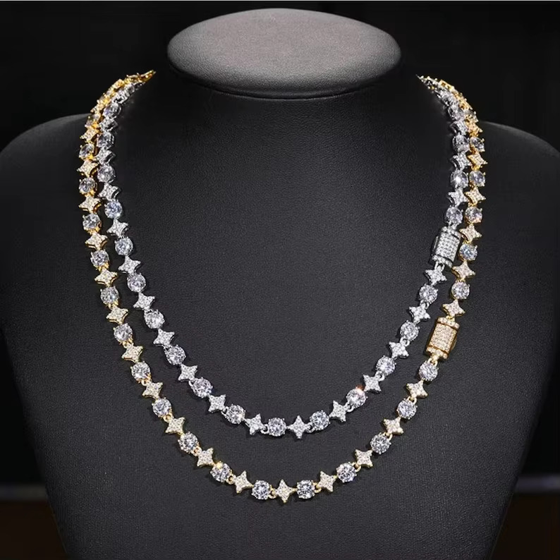 Fully Iced Out Star Round Shaped Moissanite Dia Tennis Chain Hip Hop Beautiful Jewelry Best Gift for Men & Women