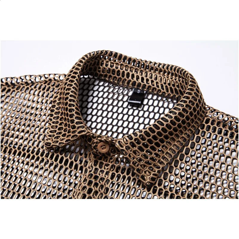 Mens Hollow Out Long Sleeve Mesh Shirt for Nightclubs Trendy SInger Stage Party Wear 250224