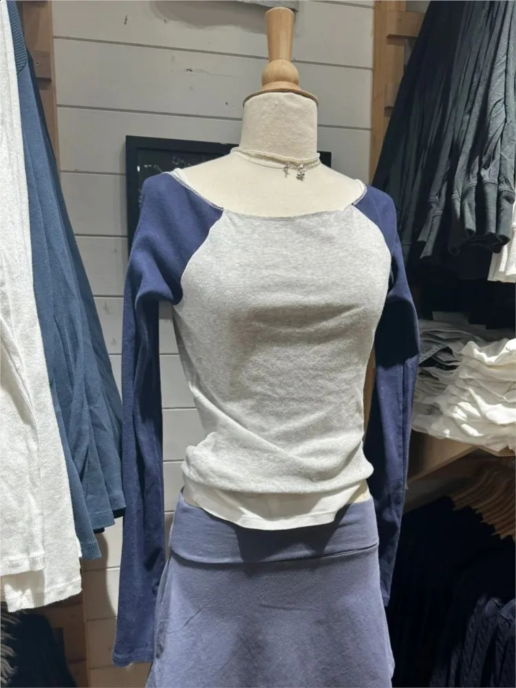 patch work long sleeved T-shirt womens spring slanted neck cotton ultra-thin T-shirt womens sweet street retro T-shirt top Y2K 250303