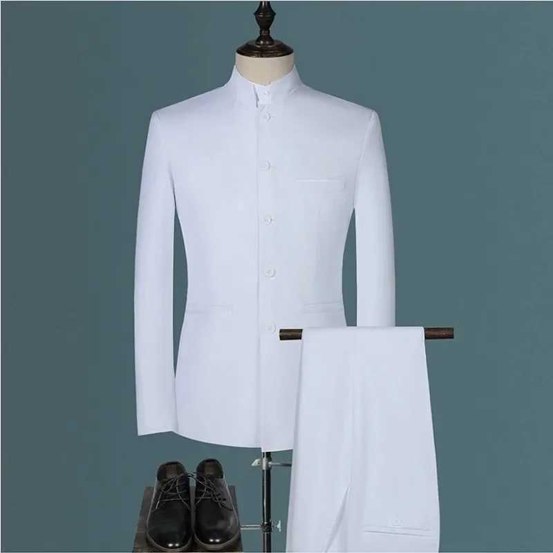 Mens Suits Set (Jacket+Pants) New Boutique Fashion Stand Collar Chinese Style Slim Fit Suits Two Piece Wedding Men Clothing M250303