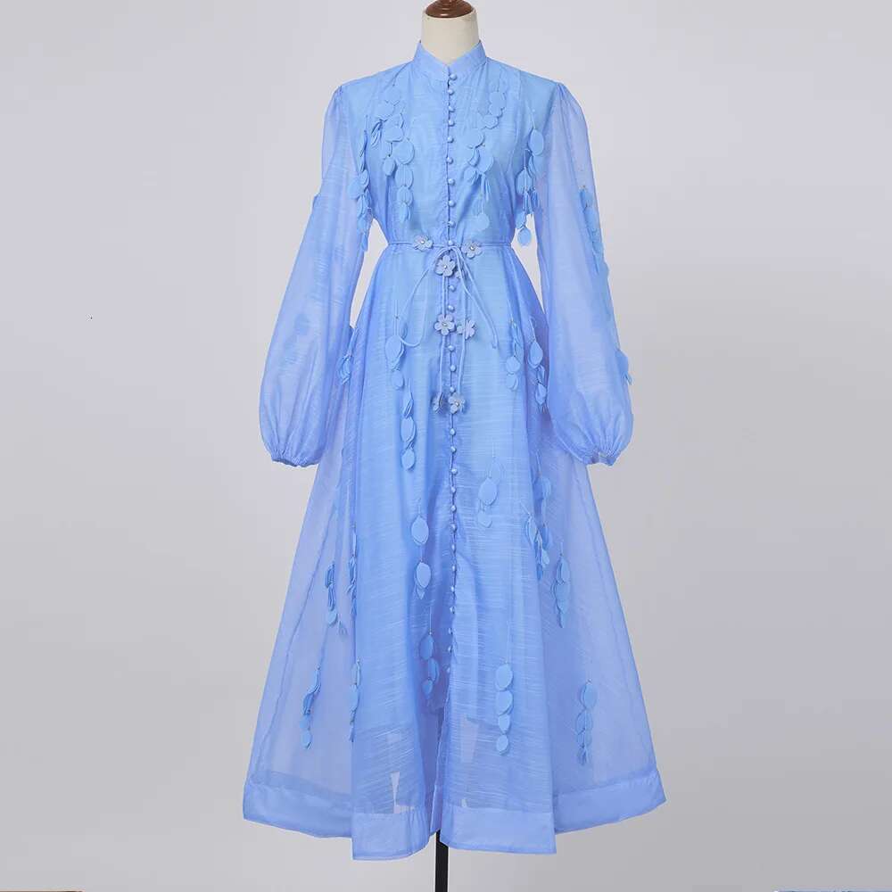 Beaded Appliques Wer Belt Mesh Dress Women Pearl Button Single Breasted Long Lantern Sleeve Prom Wedding Party Vestido