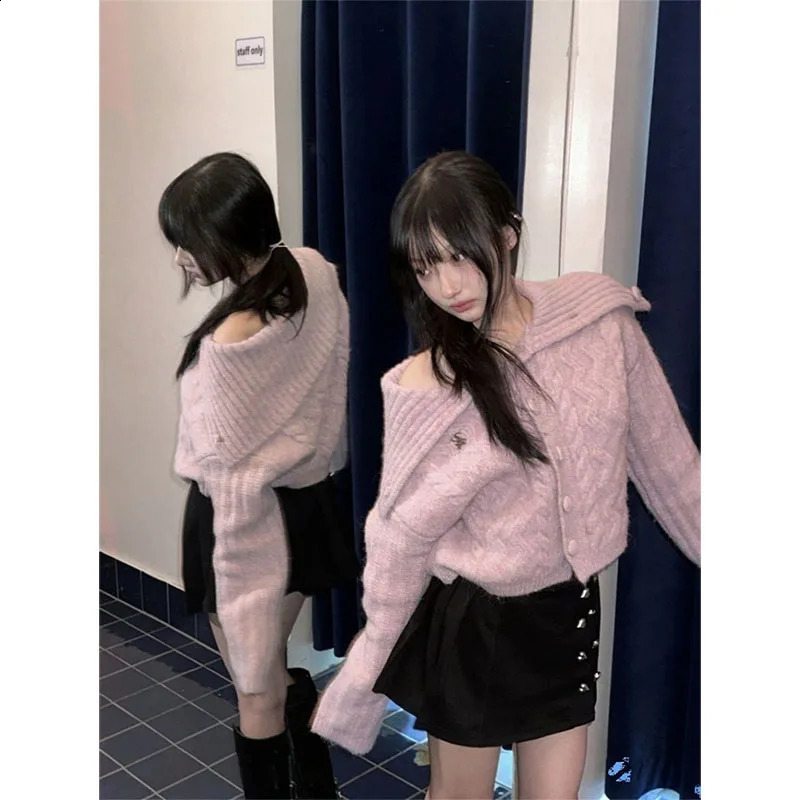 2025 Pink Knitted Sweater for Women Fashion Allmatch Turtleneck Cardigans Long Sleeve Loose Tops Outwear 250225