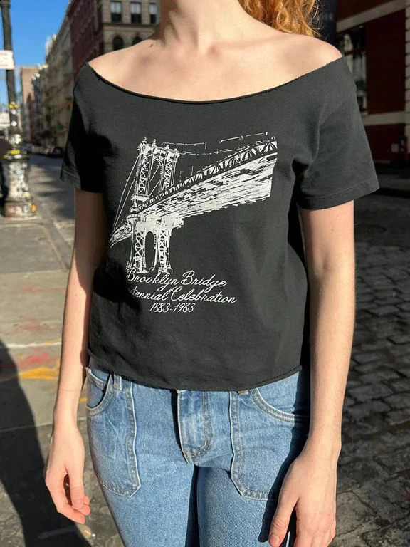 Bridge Print Loose Crop Top for Woman Summer Roll Hem Slash Neck Short Sleeve Cotton Cropped T-shirt Casual Streetwear Tee Tops 250303