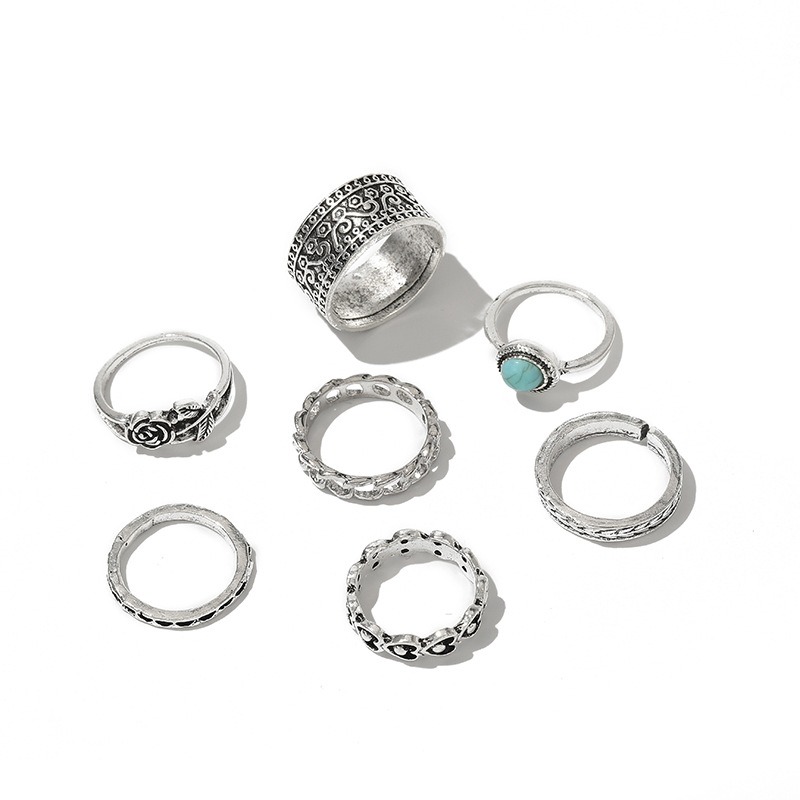 Trending Bohemian Floral Design Turquoise Rose Jewelry Set - Complete with 7 Pieces