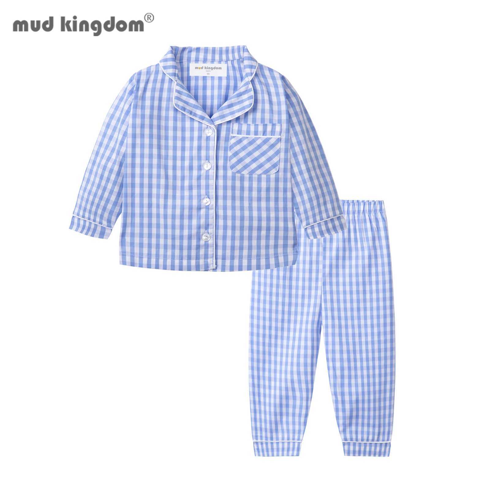 Mudkingdom Boys Girls Long Sleeve Pajamas Set Collared Plaid Cute Homerwear Toddler Pajama Kids Sleepwear Children Clothes PjsT250303
