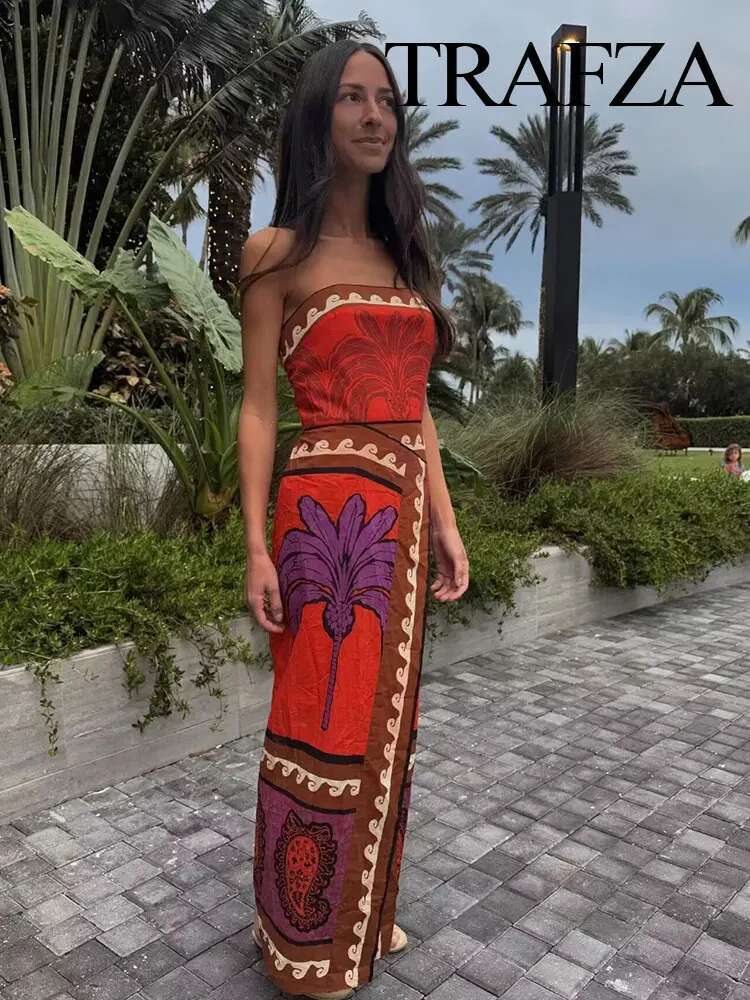 TRAFZA 2024 Summer New Satin Patchwork Print Chic Sleeveless Backless Strapless Women's Resort Style Zipper Dress