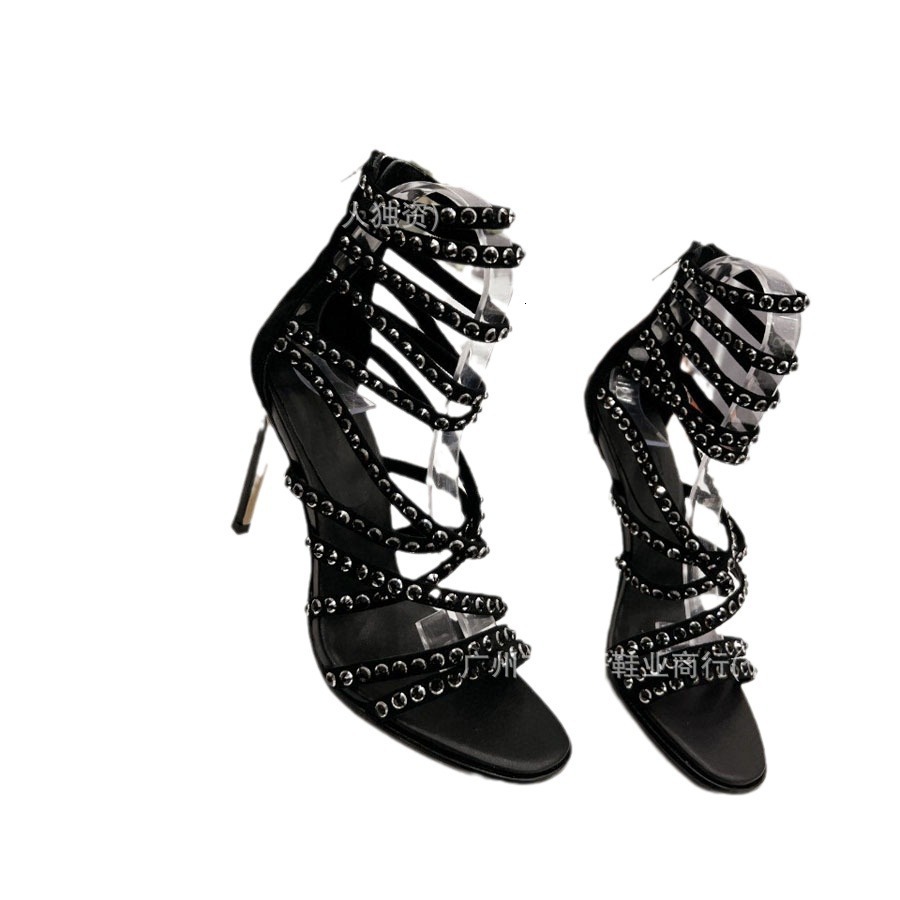 2024 summer new rhinestone chain open toed with cross straps, slim heels, fashionable and high-heeled sandals