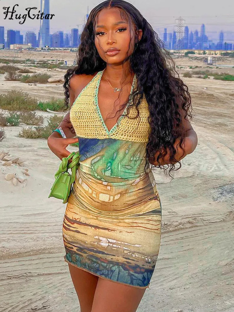 Hugcitar Spring Halter Knitted Scenery Print Backless Lace Up Sexy Mini Dress Women Fashion Clothes Beach Vacation Party 250228