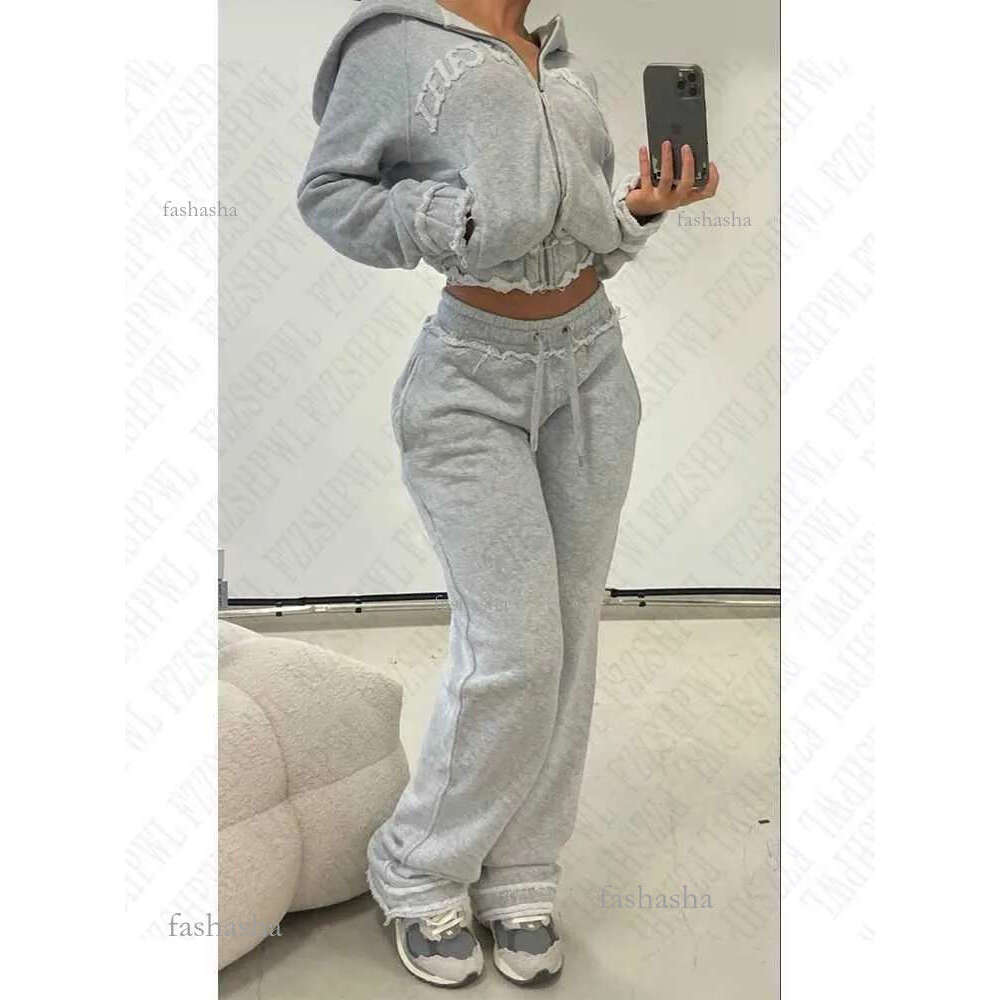 Two Piece Womens Pants Aesthetic Grey Fall Winter Outfit Punk Casual Retro Burrs Grunge Strtwear Emo Girl Fairy Women Zipper Jacket Fashion Trousers Y