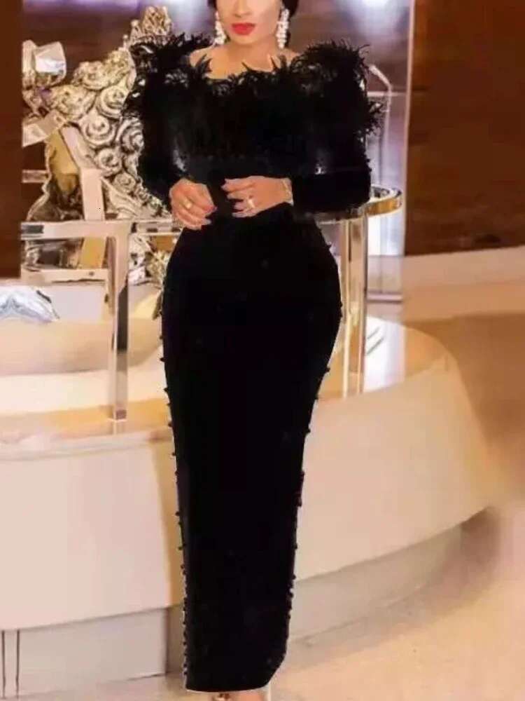 Feather Beading Party Dress For Women Sexy Off Shoulder Long Sleeve Elegant Bodycon Formal Event Evening Wedding Robes