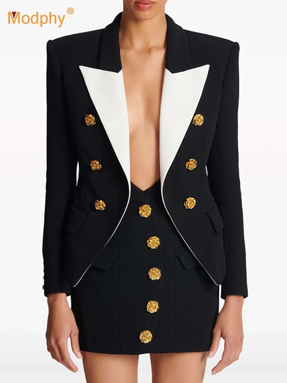 Modphy 2025 New Fashion Splicing Metal Rose Buckle Slim Fit Suit Blazer Halter High Waist Design Mini Skirt Women's Set Outfit