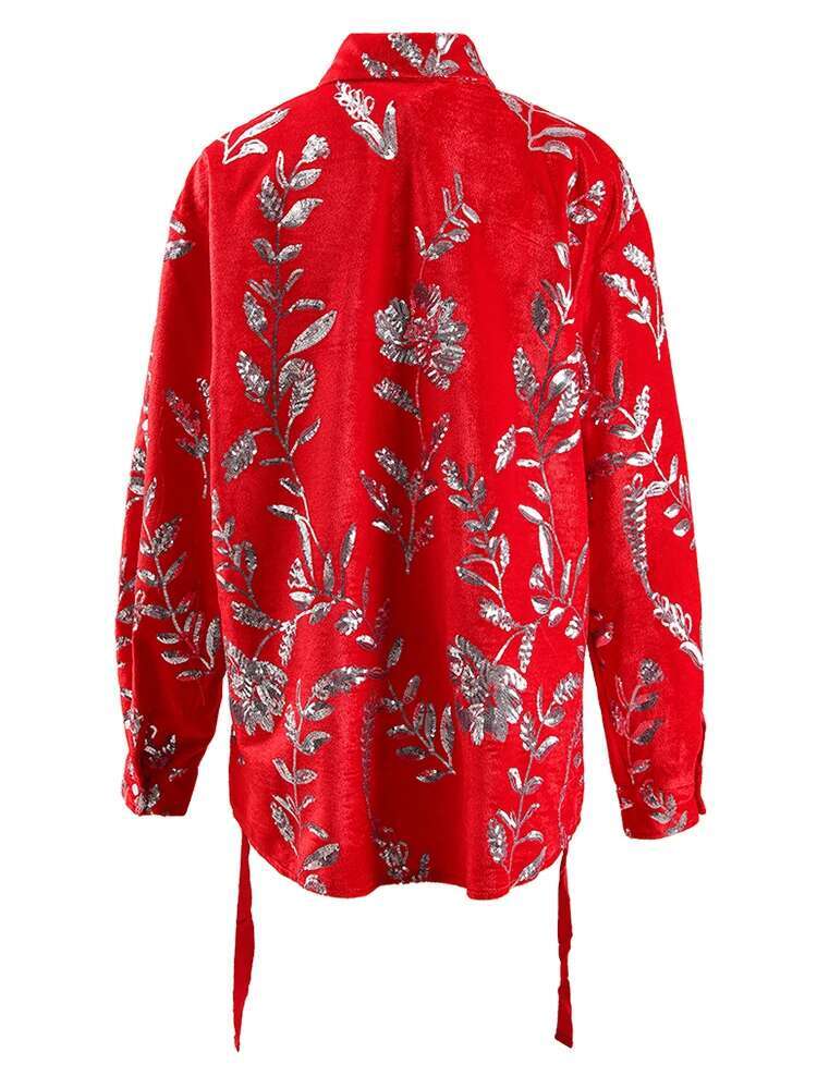 EAM Red Irregular Sequins Ribbon Big Size Blouse Women New Lapel Long Sleeve Shirt Fashion Tide Spring Autumn 2025 Cpg1245