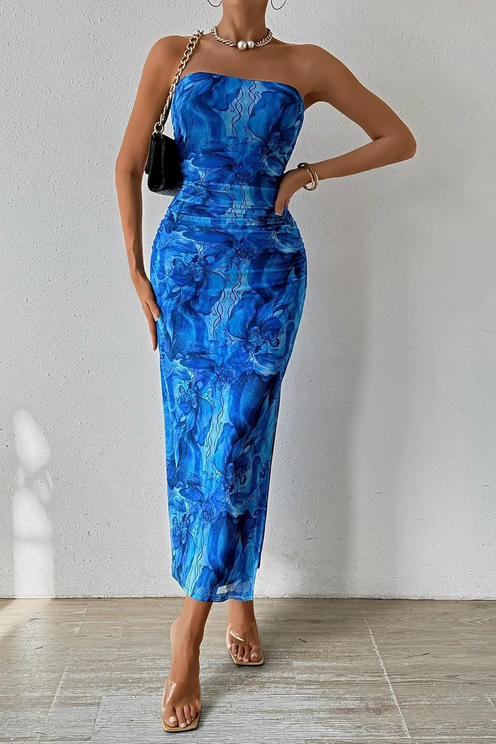 Summer Women Sexy Chestless Hem Slit Sleeveless Printed Dress 250228