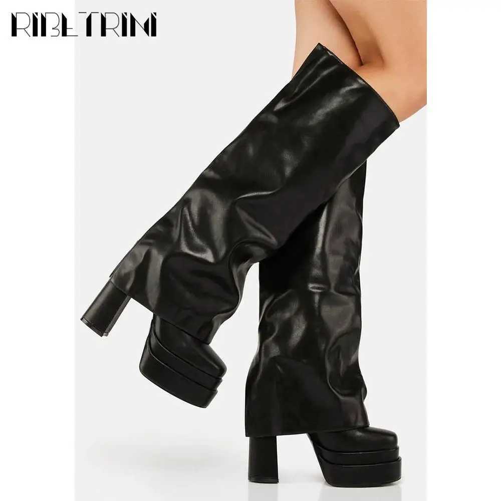 INS Brand Winter Women Fold Over Boots Chunky High Heeled Double Platform Shoe Knee High Luxury Punk Goth Sexy Street Boots Z250303