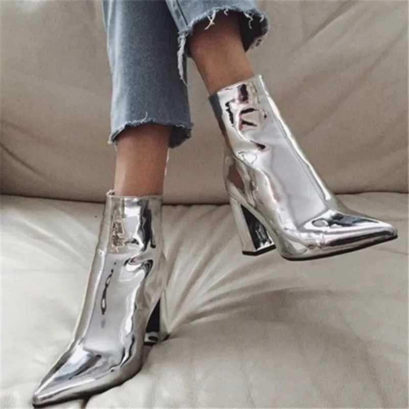 New 2024 Womens Boots with Zipper Luxury Designer Silver High Heels Leather Womens Pointy Autumn Rubber Ankle Fashion Roman Cycling Z250303