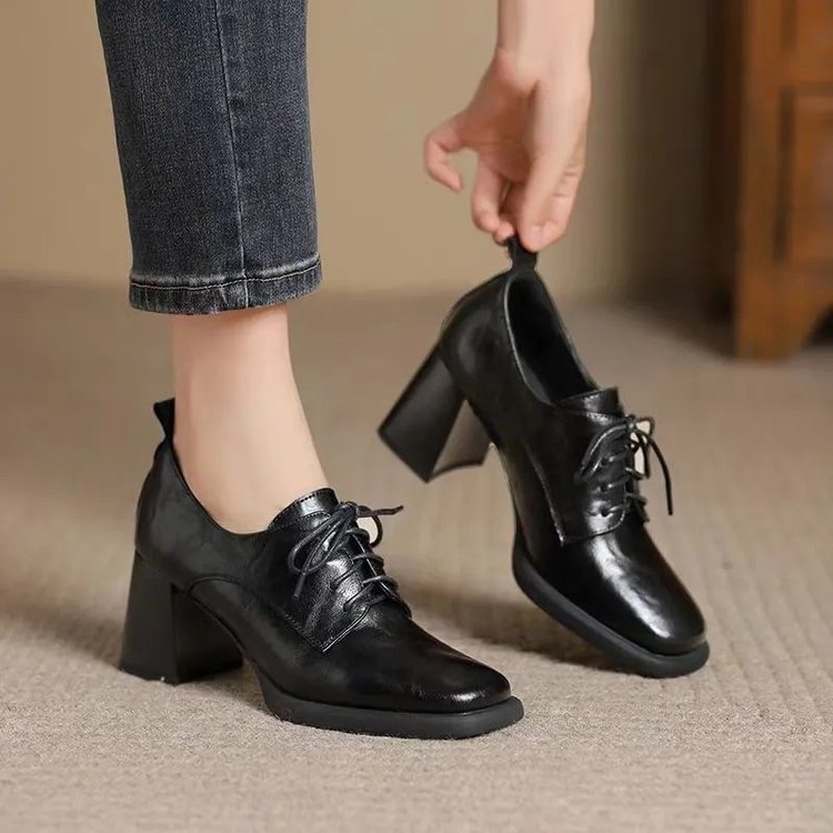 Spring 2023 Loafers Leather for Square Toe Chunky Heel Shoes Casual Black Lace-up Women New Pumps e5ac