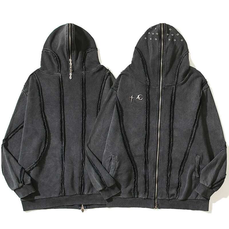 PFNW Washed Printed Zipper Design Sweatershirt Male Spliced Hooded Cardigan Short Clothing Men's Trendy Tops 2025 New 28W5071