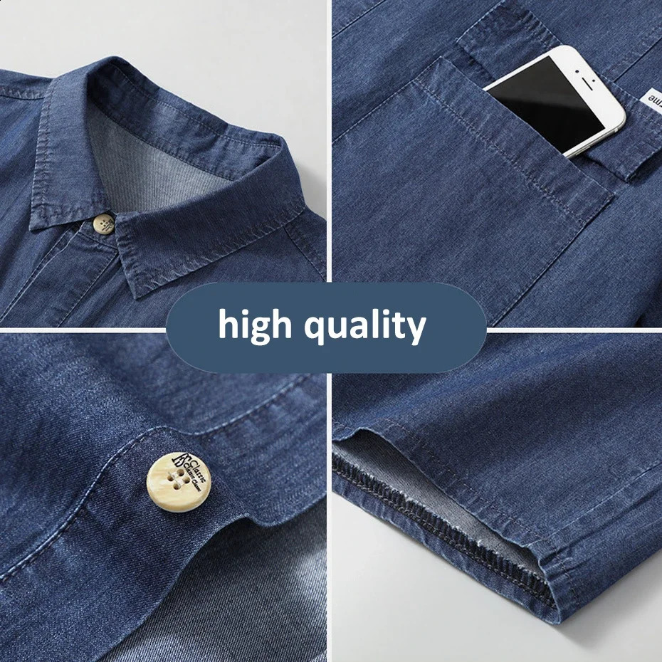 2024 in Men Shirt Button Down Stand Collar Short Sleeve Denim Summer Classic Cotton Jean Top Male Large Size 10XL Blue 250226