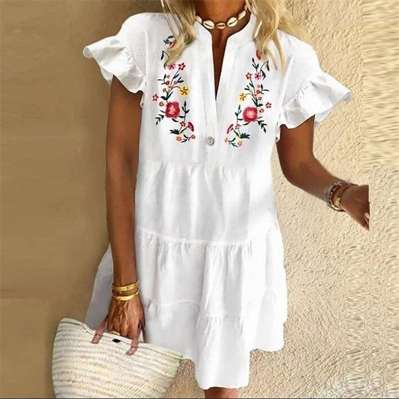 Floral Print Boho Dress Women Tassle Sleeved White Mini A-line Dress Spring Sweet Bohemian Loose Dresses 250213
