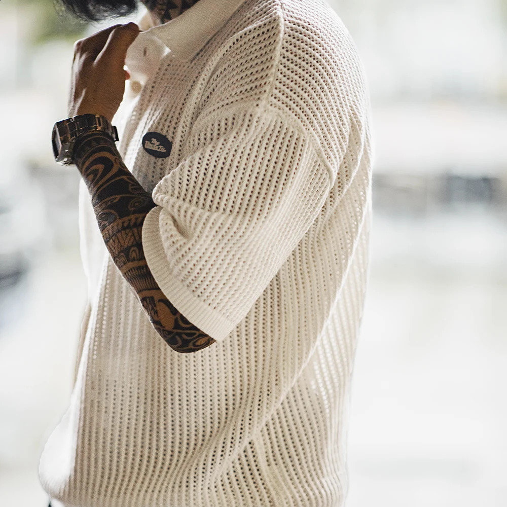 Maden Retro Hollow Knitted Short Sleeve Polo Shirt Tee Ivy Half Open Collar White Wide Waist Mens Summer Top T-shirt 250226
