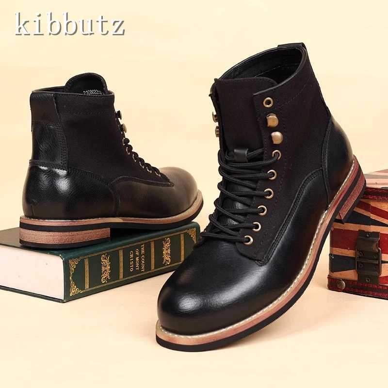 Autumn New British Men Hort Boots Leather Fabric Splicing Lace Up Back Zipper Ankle Boots Vintage Tooling Motorcycle Boots Z250303
