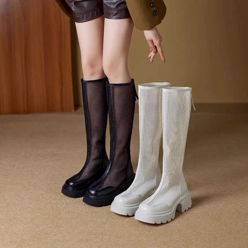 Boots Women Chunky Heel Knee-length Platform Women Female Round Toe Zipper Sandals Mesh Ladies Fashion Comfort Women Shoes Z250303