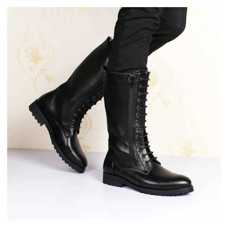 mens luxury fashion genuine leather boots black autumn winter shoes lace up high boot punk motorcycle long boots masculinas men Z250303