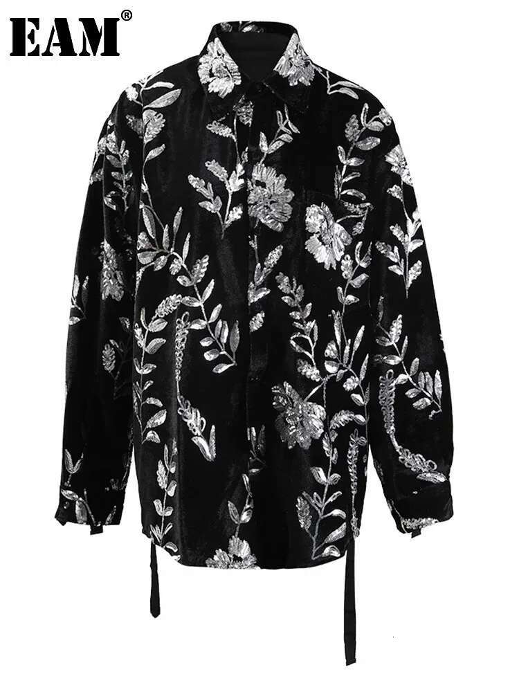EAM Red Irregular Sequins Ribbon Big Size Blouse Women New Lapel Long Sleeve Shirt Fashion Tide Spring Autumn 2025 Cpg1245