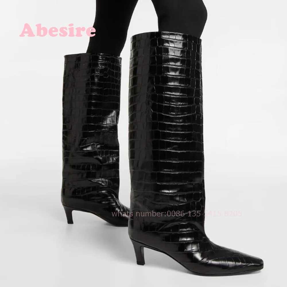 Croc-Effect Leather Knee-High Boots Square Toe Kitten Heel Slip On Womens Boots 2024 Winter Luxury Casual Shoes Black Solid Z250303