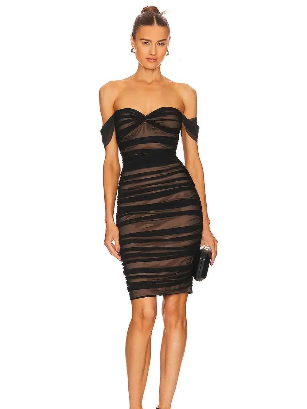 Summer Women Sexy Off Shoulder Mesh Ruched Black Elegant Prom Celebrity Bodycon Party Dress Vestido