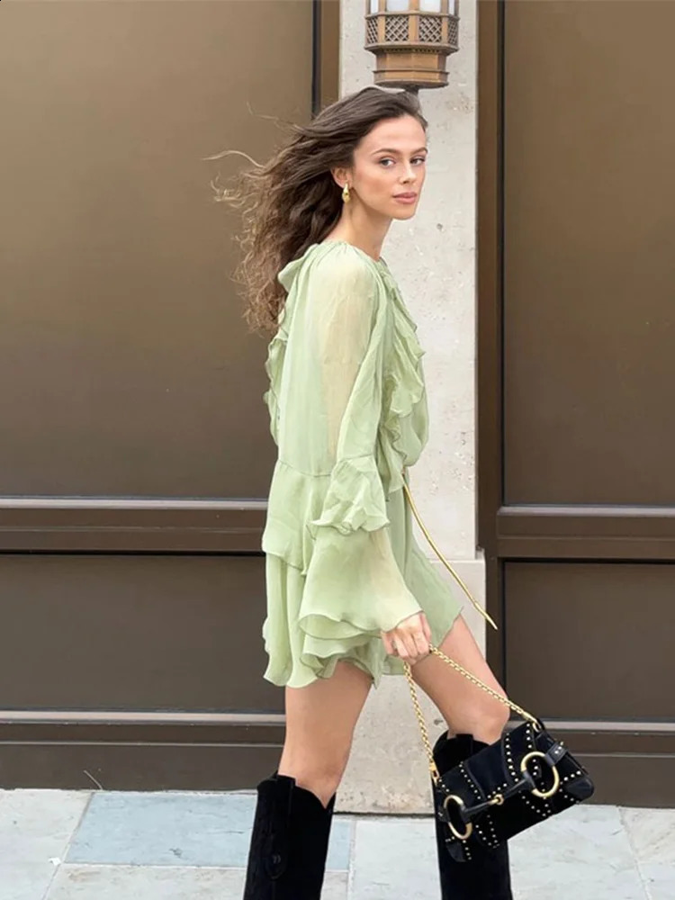 Elegant Women Green Irregular Ruffles Loose Mini Dress Fashion O Neck Full Sleeve Short Dresses Spring Summer Chic Lady 250227Z