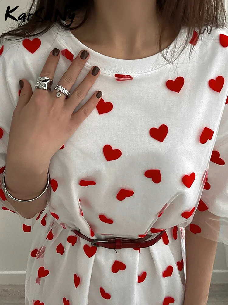 Long Mesh T Shirt Dress For Women Short Sleeve Heart Tulle Two Piece Dresses WOmens White Loose Maxi With Red 250228