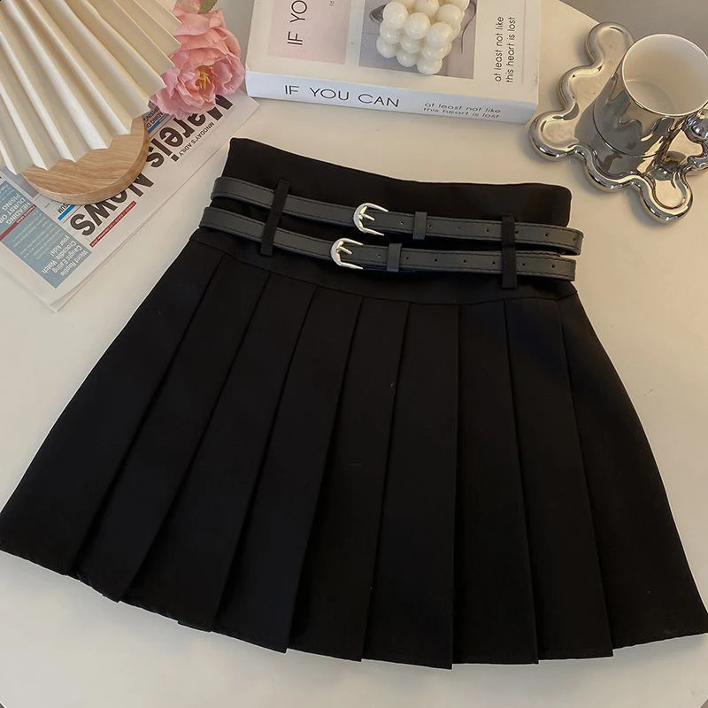Fashion with Double Belt Pleated Skirts Women Summer High Waist Casual Preppy Mini Skirt Y2K Korean Solid All-Match A Line Skirt 250228