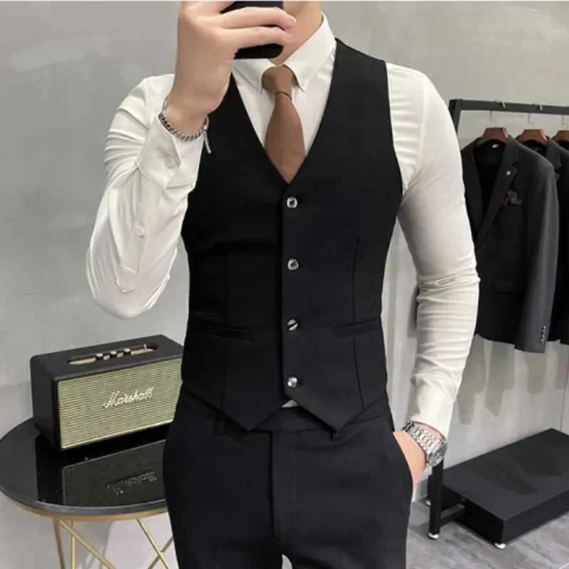 (Jacket+Tank Top+Pants) High end Brand Boutique Fashion Solid Color Mens Casual Business Set 3-Piece Groom Wedding Dress M250303