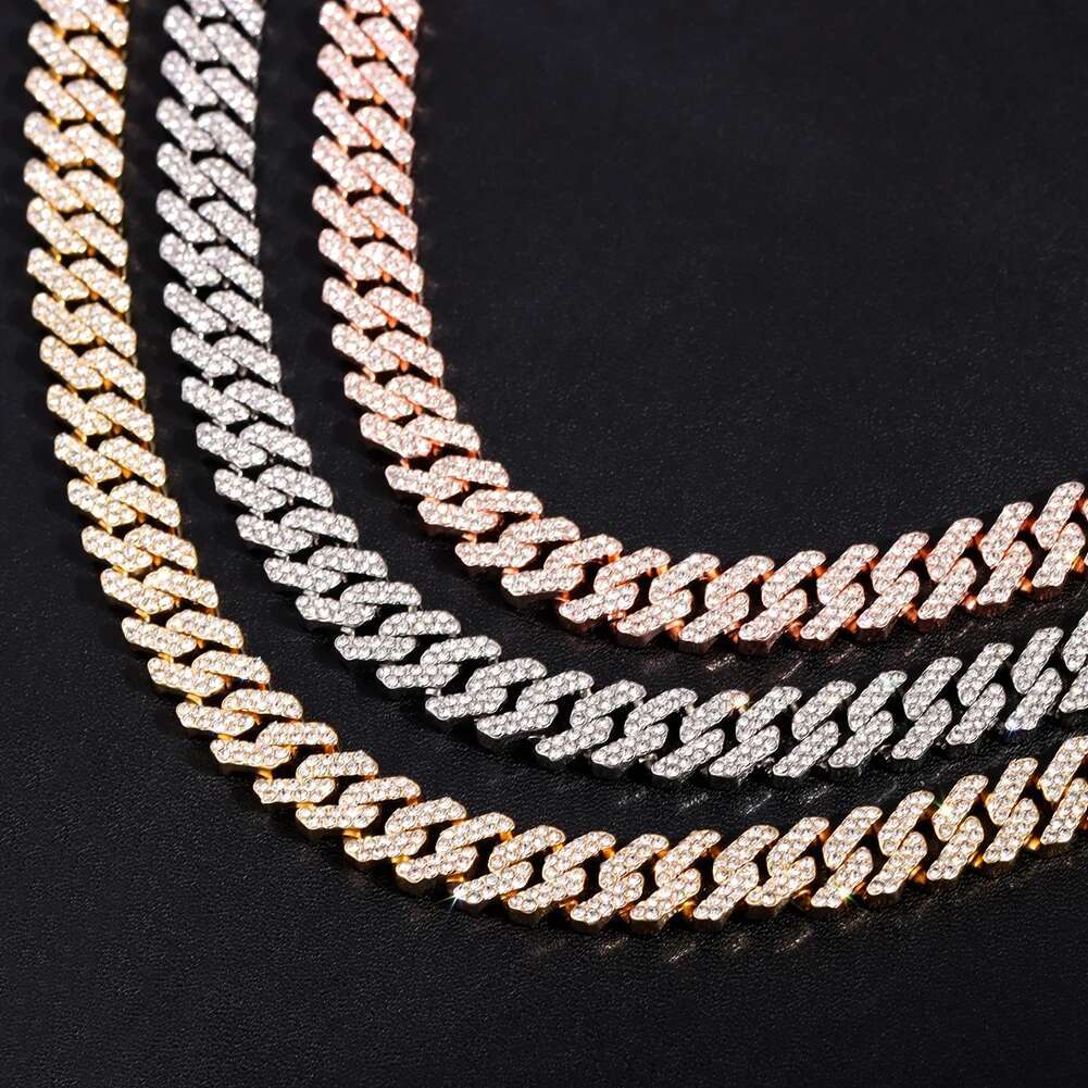 12MM Rose Gold Color Miami k Chain Iced Out Bg Rhie Cuban Choker Necklace Women Men Hip Hop Jewelry