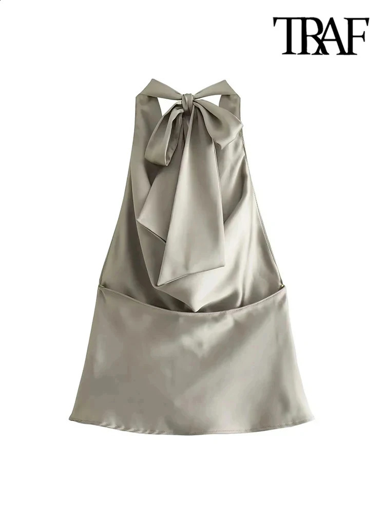 TRAF-Womens Flowing Draped Halter Neck Tank Tops With Bow Tied Backless Sleeveless Female Camis Sexy Fashion 250228
