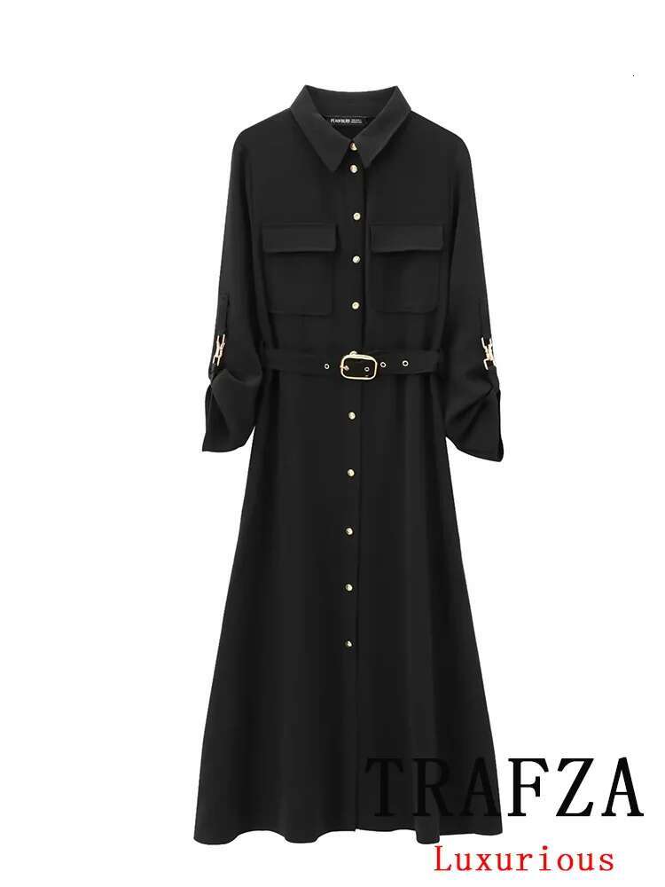 TRAFZA Vintage Women Black Solid Turn-Down Collar Single Breasted Belt Vestidos New Fashion 2024 Autumn Chic Dress