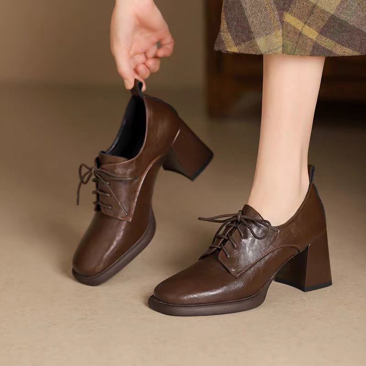 Spring 2023 Loafers Leather for Square Toe Chunky Heel Shoes Casual Black Lace-up Women New Pumps e5ac