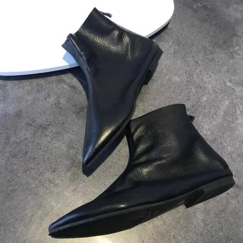 Pointed Toe Flat Single Short Boots Womens Soft Genuine Cow Leather Flat Non-slip Versatile Booties Size44 Z250303
