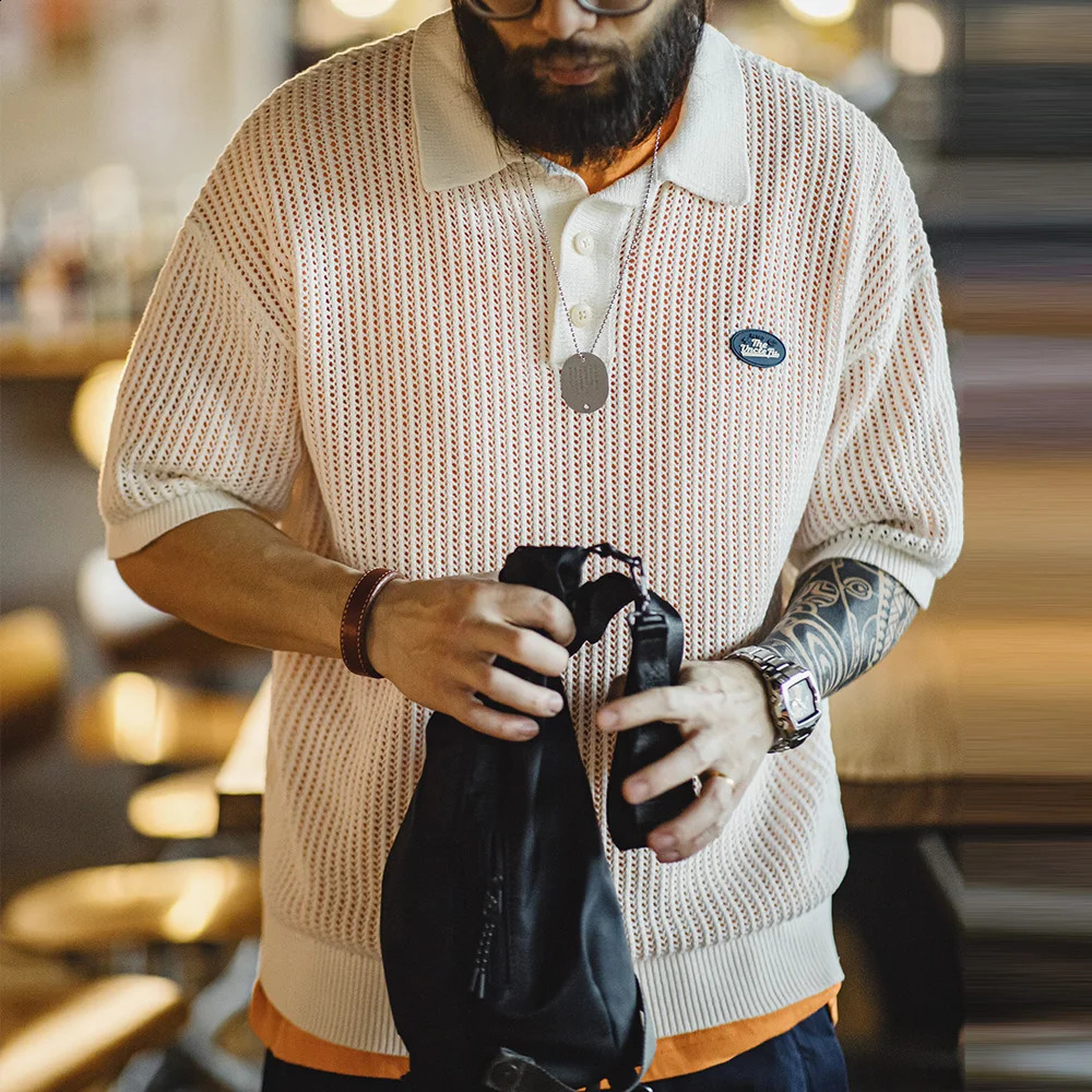 Maden Retro Hollow Knitted Short Sleeve Polo Shirt Tee Ivy Half Open Collar White Wide Waist Mens Summer Top T-shirt 250226