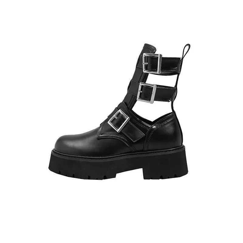 Womens Boots Summer Leather Hollow Med Heel Platform Shoes Modern Solid Black White Punk Gothic Sandals Luxury Designers Spring Z250303