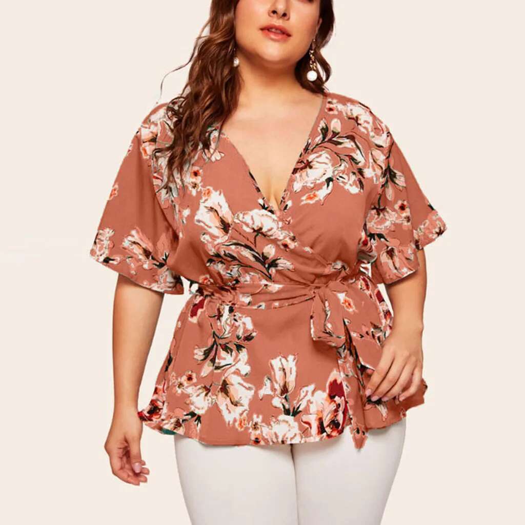 Edressu 2022 Plus Size Women Chiffon Blouse Print V Neck Shirt Tops Casual Office Lady Wear Kym-802