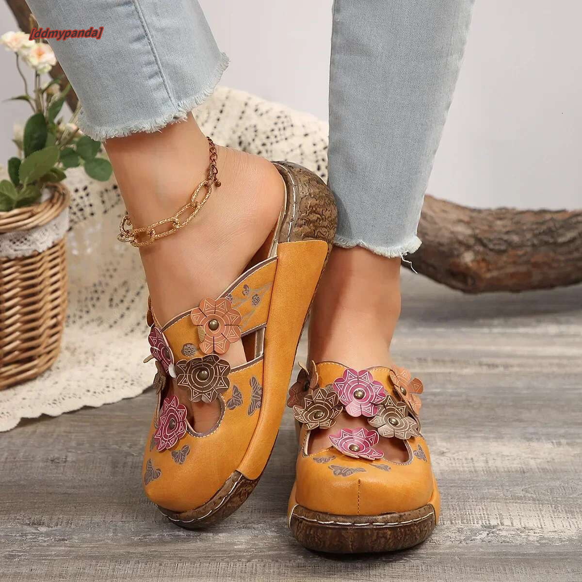 Women's Wedge Mule Shoes, wer Decor Cut-out ral Print Slide Sandals, Tribal Style Slip On Shoes Koningsdag/King's Day #ddmypanda