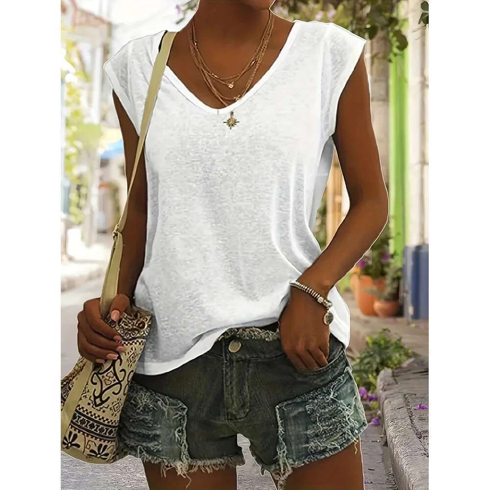 Women Solid Summer Color Loose Plus Size Short Sleeve Beach Party Tank Top Fashion V-neck T-shirt Women's Clothing 's