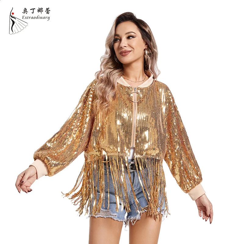 Womens sequined tassel jacket outerwear long sleeved sparkling frontal party bomber 250228
