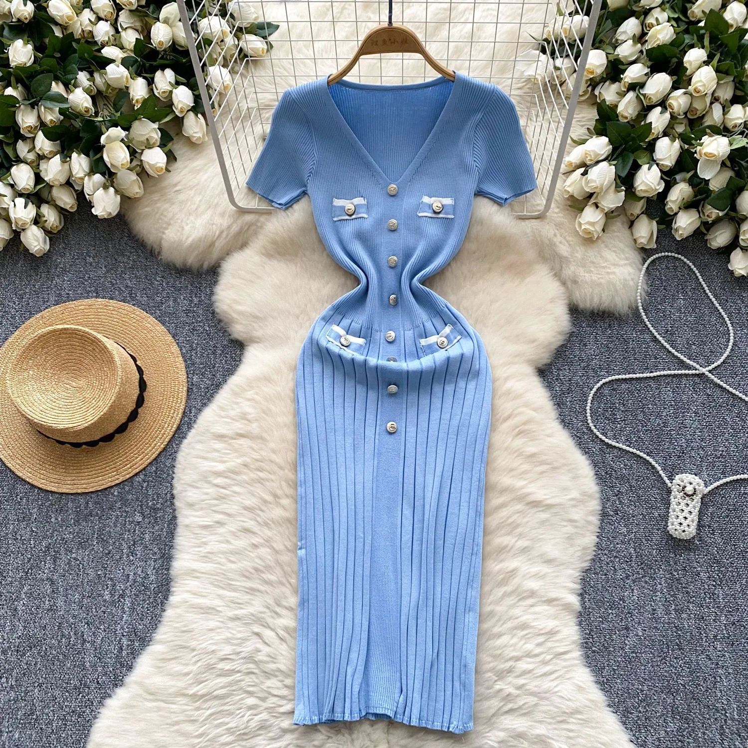 YuooMuoo Chic Fashion Sexy Wrap Hips Knitted Dress Women Vneck Short Sleeve Bodycon Pleated Sweater Office Lady Vestios 250228