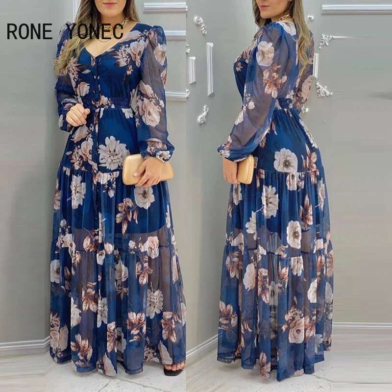 Women Ral Print Lantern Sleeve V-Neck Chiffon Maxi Vacation Dress 2021
