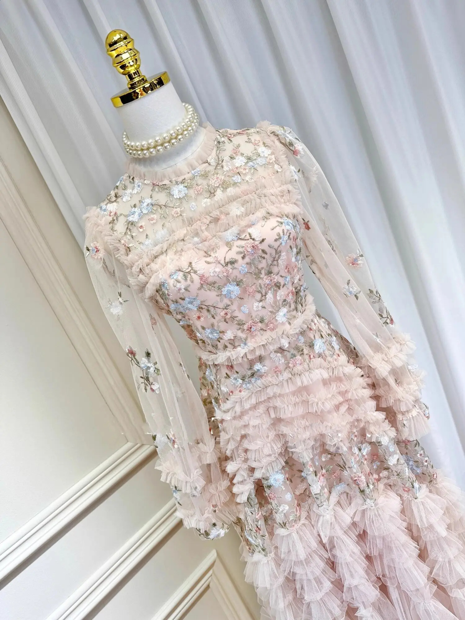 Summer Autumn Fashion Flower Embroidery Lace Prom Evening Dres Long Sleeve Layers Wooden Ear Edge Midi Cake Dresses Party 250303 - view 5