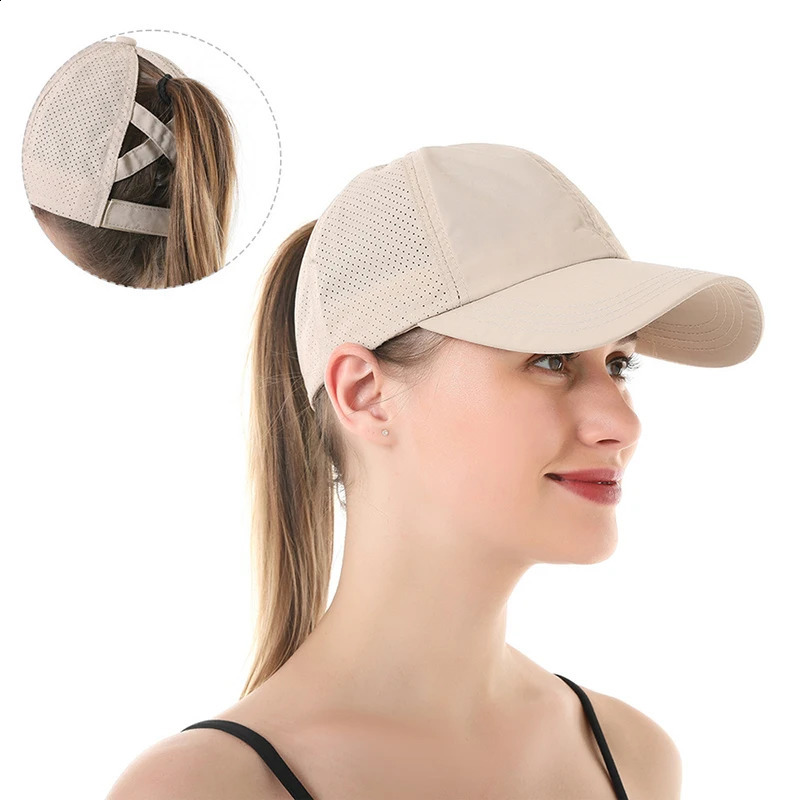 Summer Solid Color Baseball Caps Golf Wear Women Sport Leisure Cross tail Hat Mesh QuickDrying HalfHollow Mens ed Cap 250228