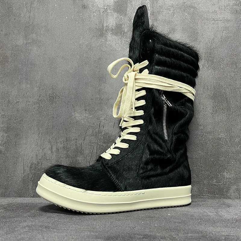 Men Women High Top Motorcycle Boots Casual Platform Sneakers Horsehair Leather Luxury Trainers Lace Up Zip Autumn Pink Shoes Z250303